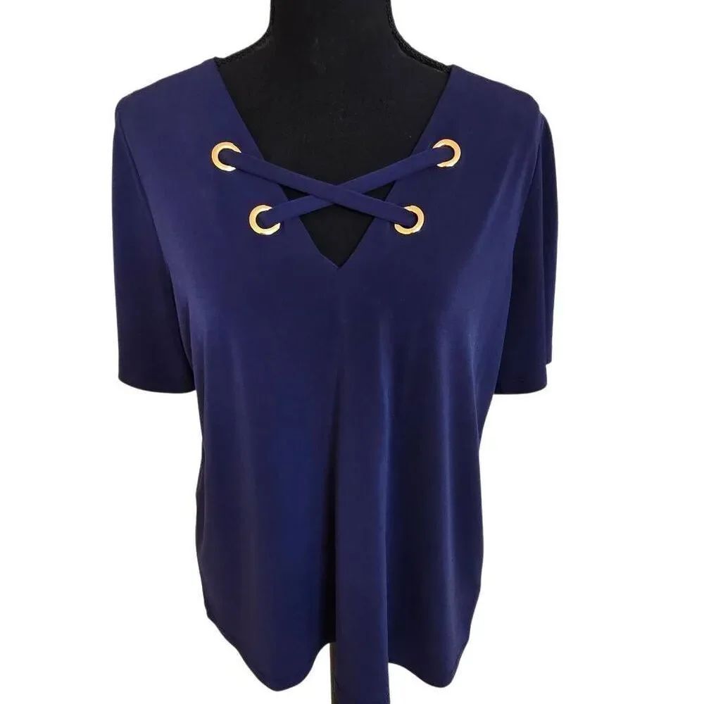 MICHAEL Michael Kors Blue Gold Grommet Lace Up Short Sleeve Top Large